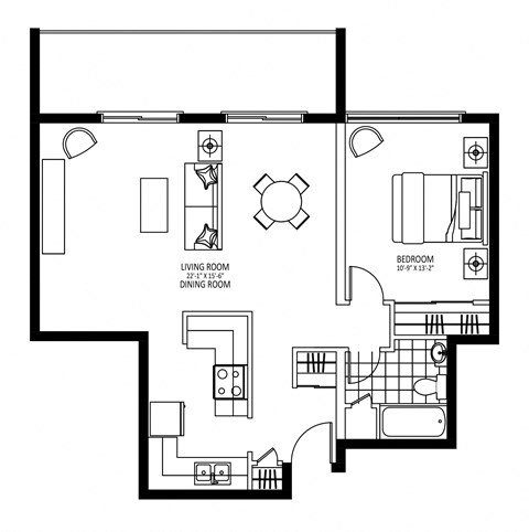 Floor plan for 1 bed, 1 bath, 636 sqft